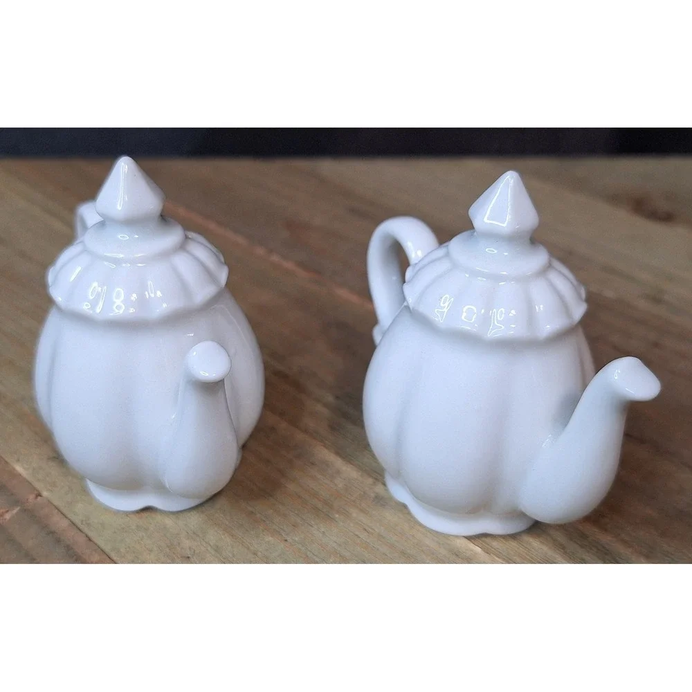 Vintage White Ceramic Teapot Salt and Pepper Shakers Set Miniature Novelty Tea